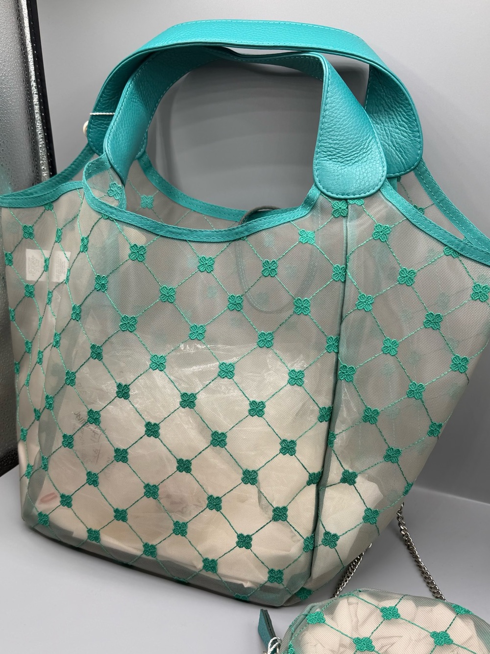 Turquoise Mesh Tote Bag with Floral Grid and Pouch